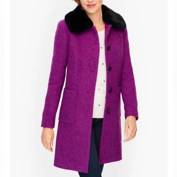 TALBOTS FAUX FUR COLLAR BOUCLÉ COAT Women's Purple Coat size Medium NWT - Picture 1 of 5